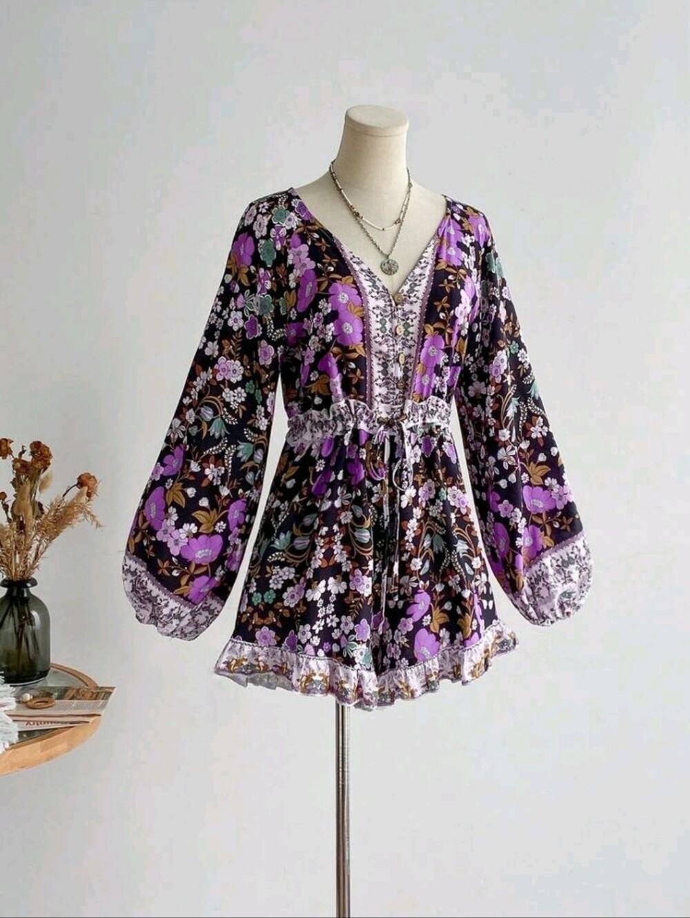 Purple Floral Boho V-Neck Peasant Romper - Picture 7 of 16